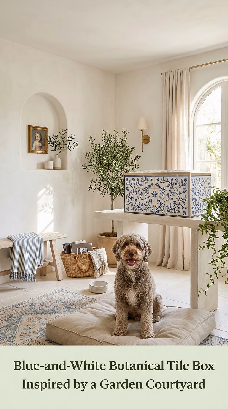 10. Blue-and-White Botanical Tile Box Inspired by a Garden Courtyard