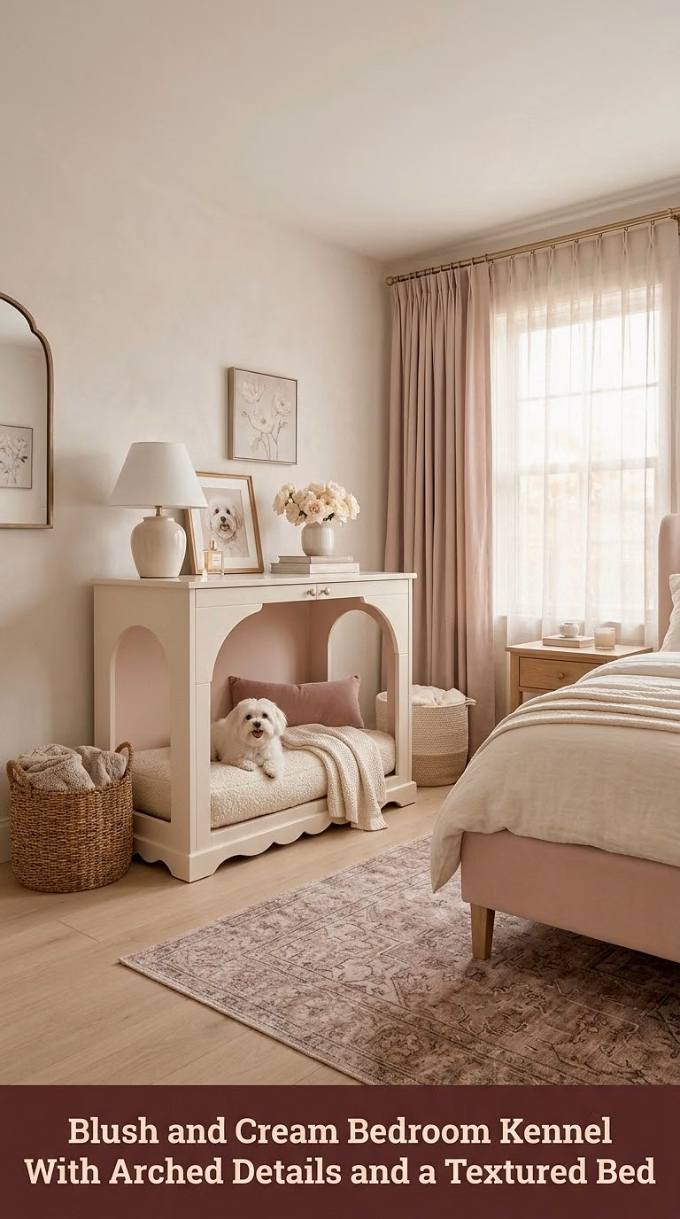 10. Blush and Cream Bedroom Kennel With Arched Details and a Textured Bed