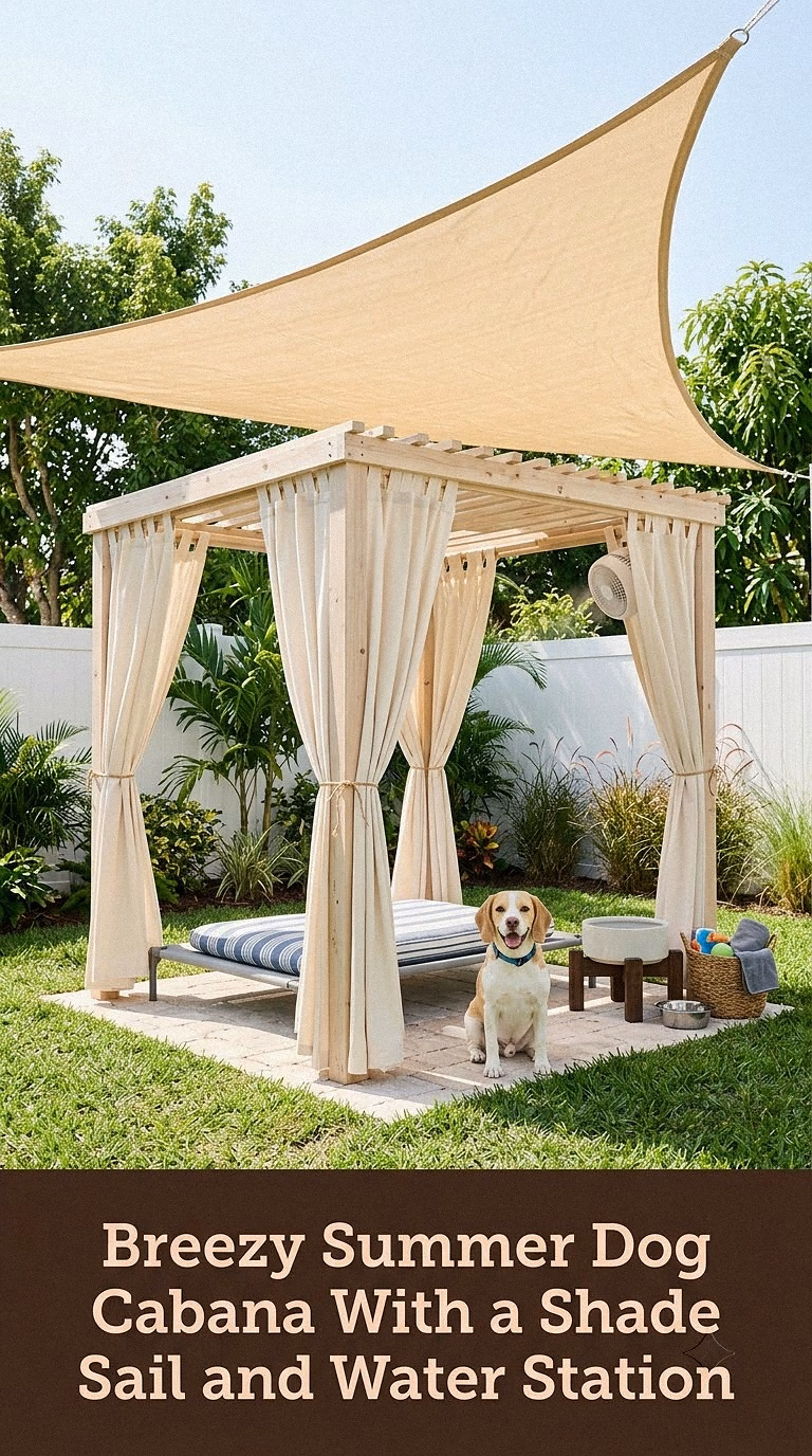 10. Breezy Summer Dog Cabana With a Shade Sail and Water Station