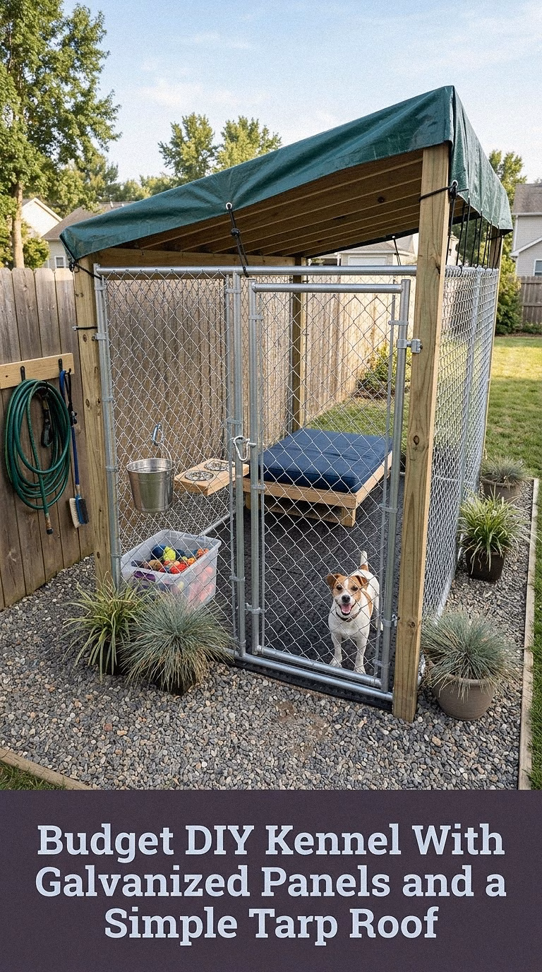 10. Budget DIY Kennel With Galvanized Panels and a Simple Tarp Roof