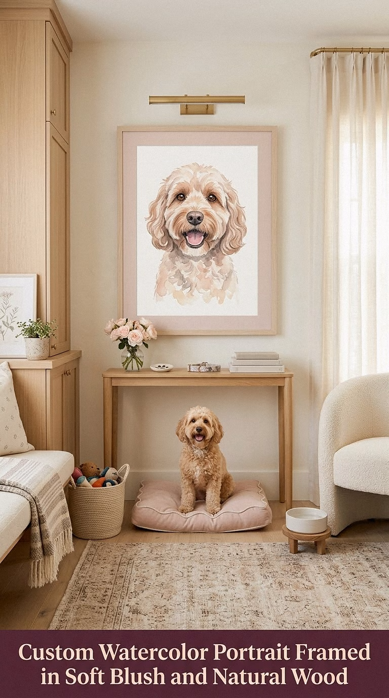 10. Custom Watercolor Portrait Framed in Soft Blush and Natural Wood