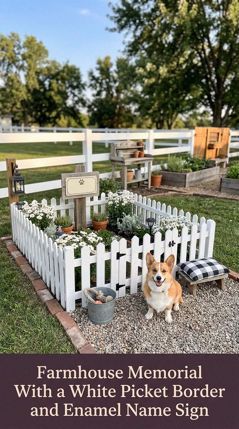 10. Farmhouse Memorial With a White Picket Border and Enamel Name Sign