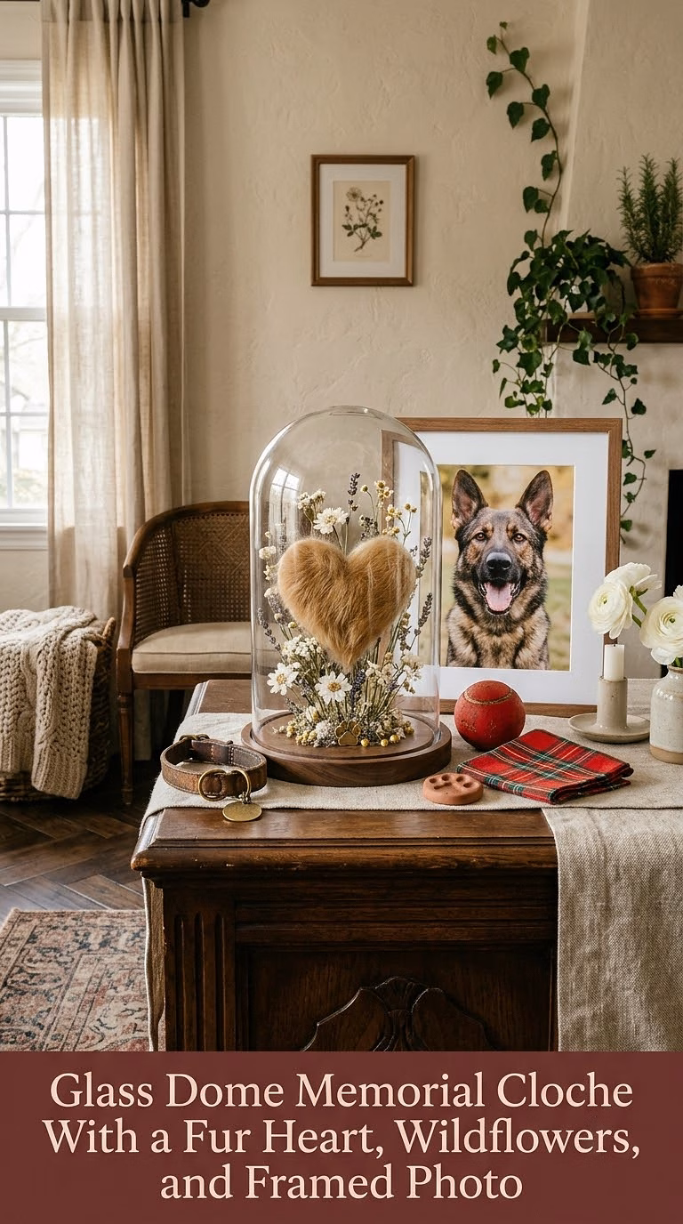 10. Glass Dome Memorial Cloche With a Fur Heart, Wildflowers, and Framed Photo