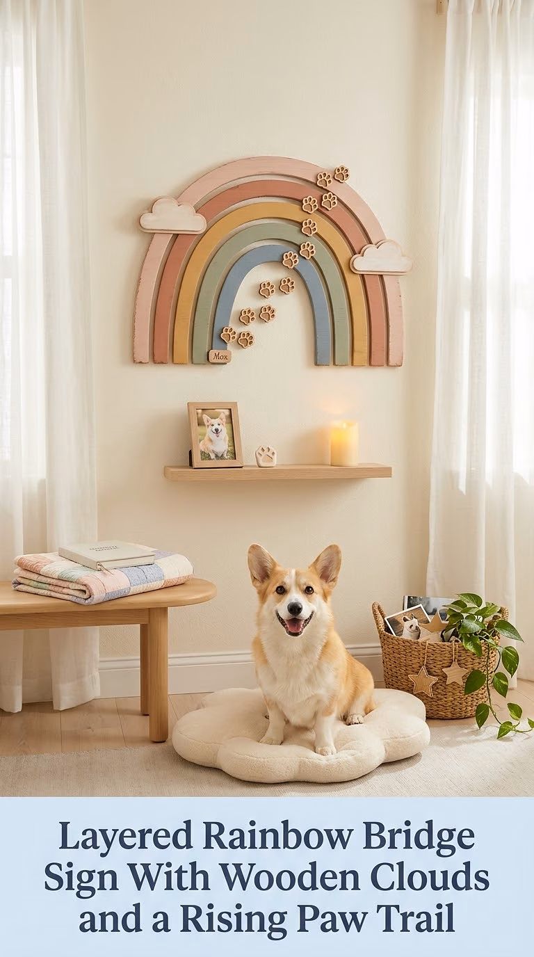 10. Layered Rainbow Bridge Sign With Wooden Clouds and a Rising Paw Trail
