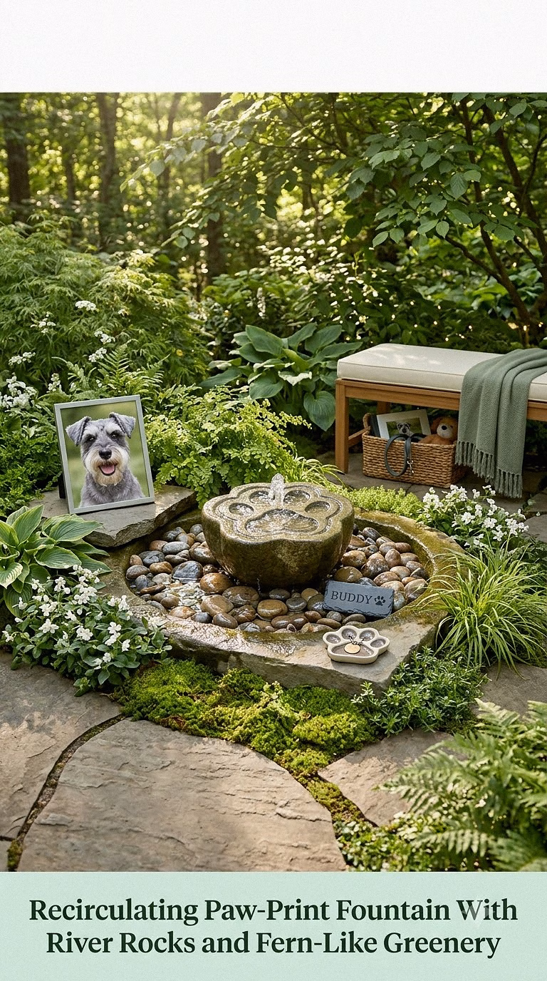 10. Recirculating Paw-Print Fountain With River Rocks and Fern-Like Greenery