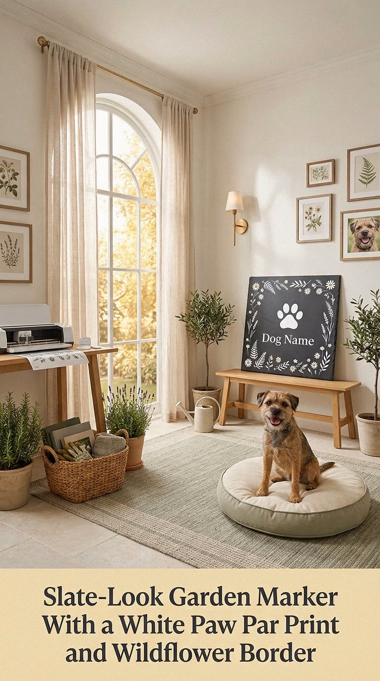 10. Slate-Look Garden Marker With a White Paw Print and Wildflower Border