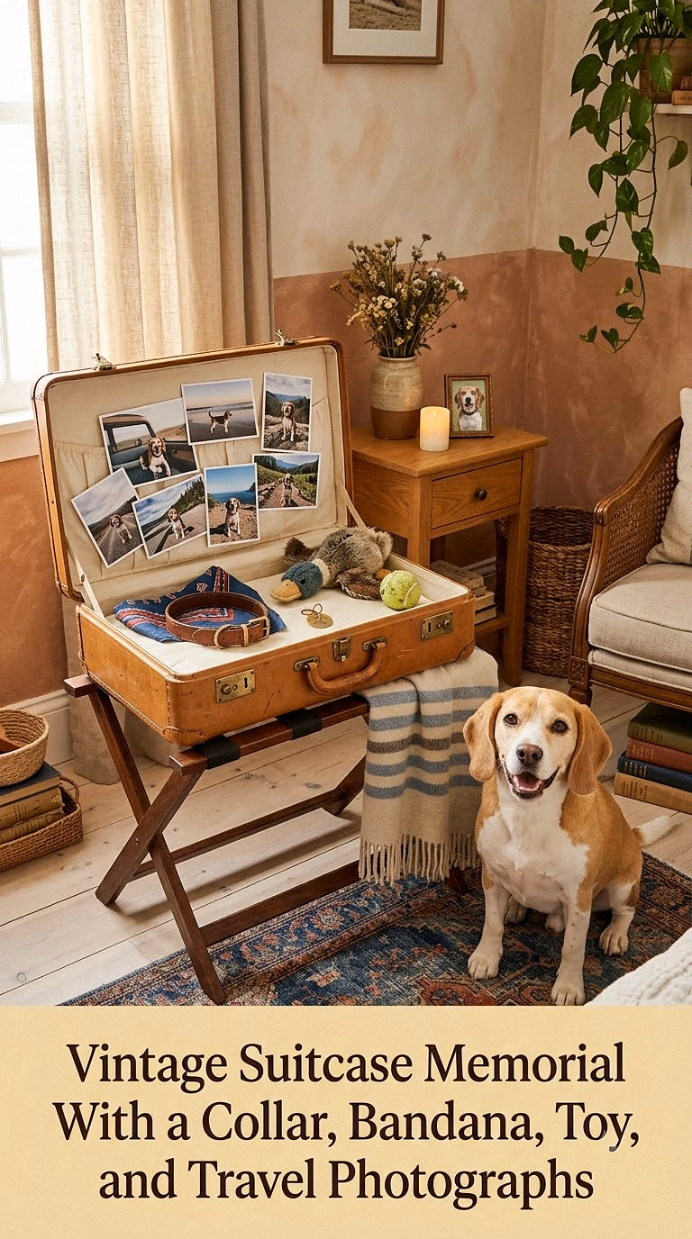 10. Vintage Suitcase Memorial With a Collar, Bandana, Toy, and Travel Photographs