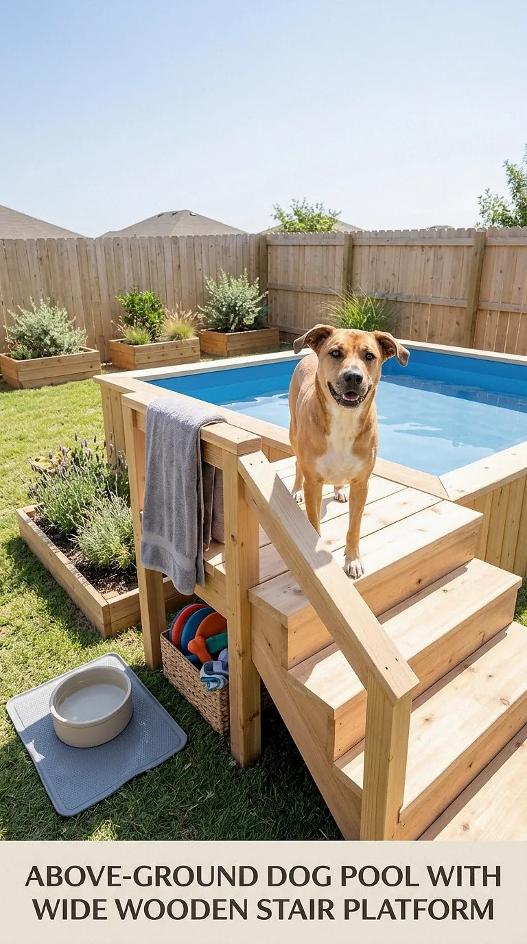 Above-Ground Dog Pool With Wide Wooden Stair Platform