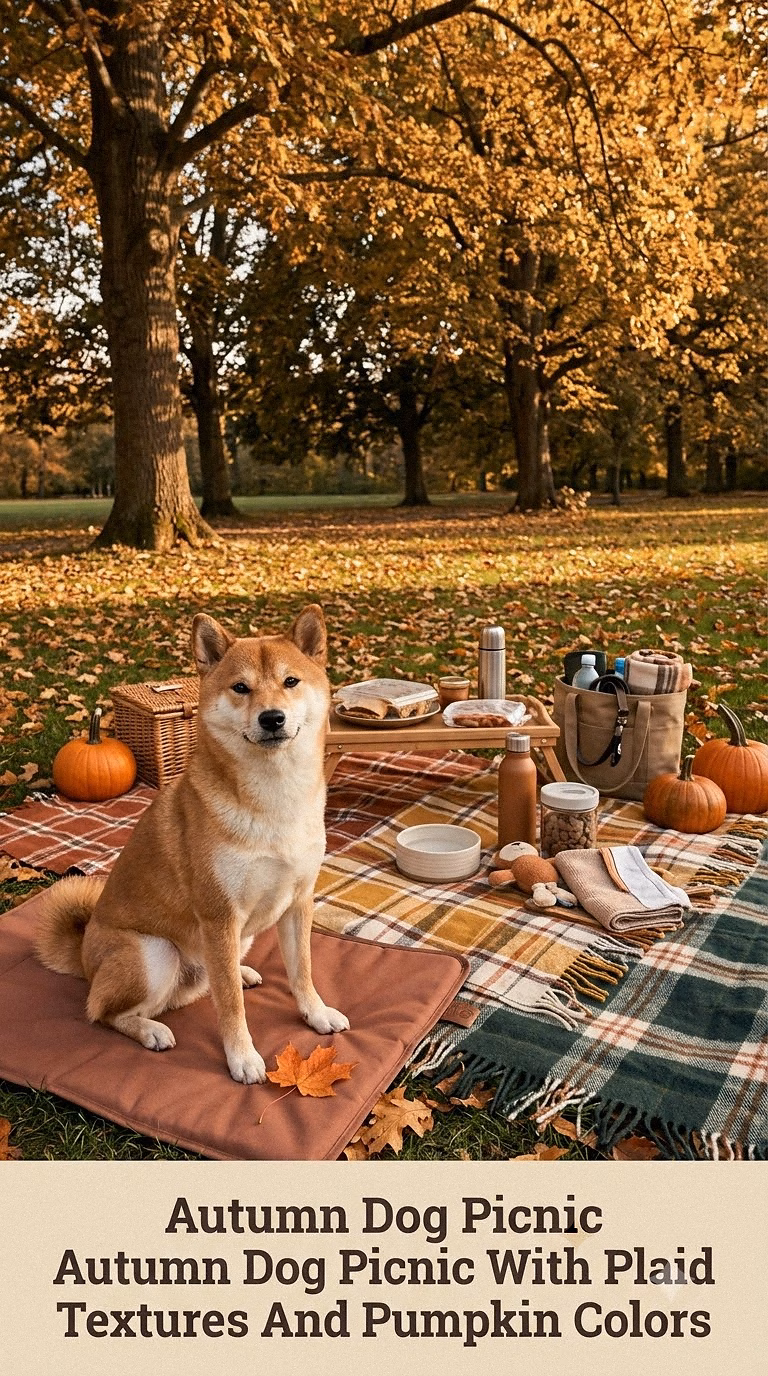 Autumn Dog Picnic With Plaid Textures And Pumpkin Colors