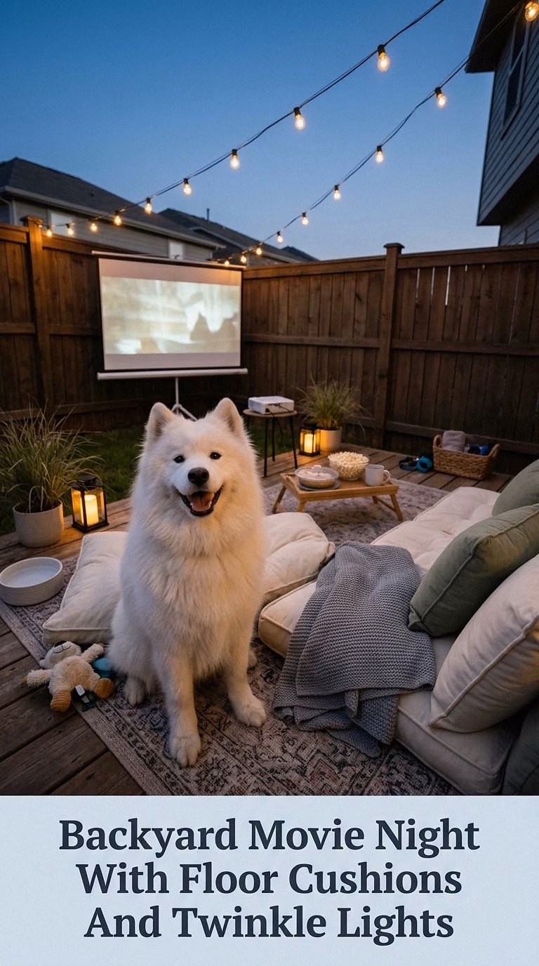 Backyard Movie Night With Floor Cushions And Twinkle Lights