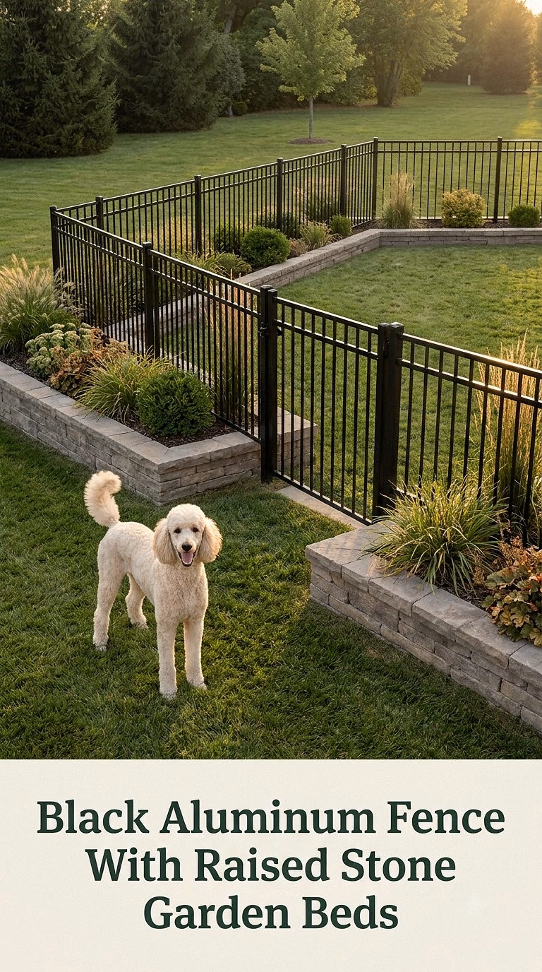 Black Aluminum Fence With Raised Stone Garden Beds