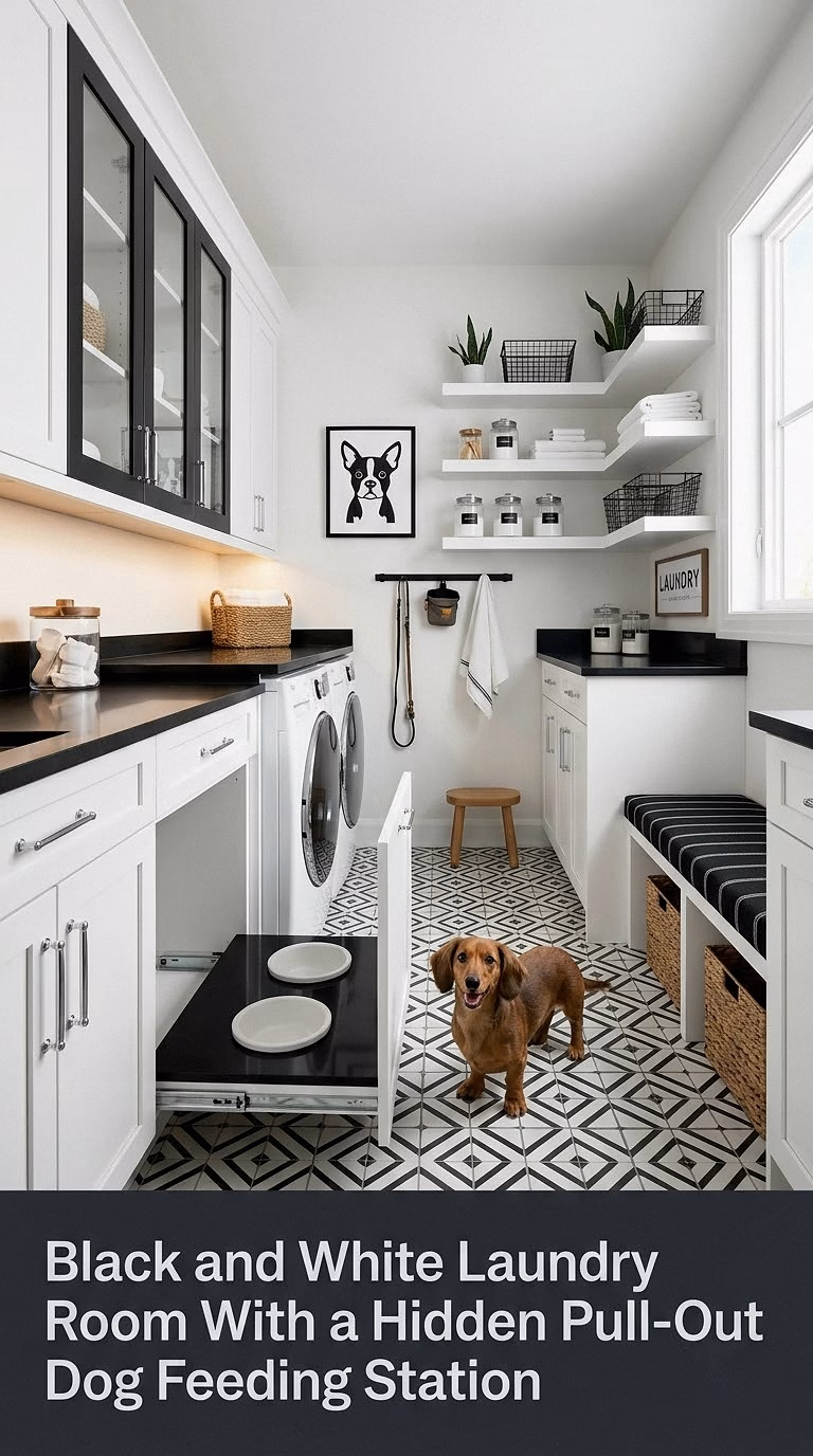 10. Black and White Laundry Room With a Hidden Pull-Out Dog Feeding Station