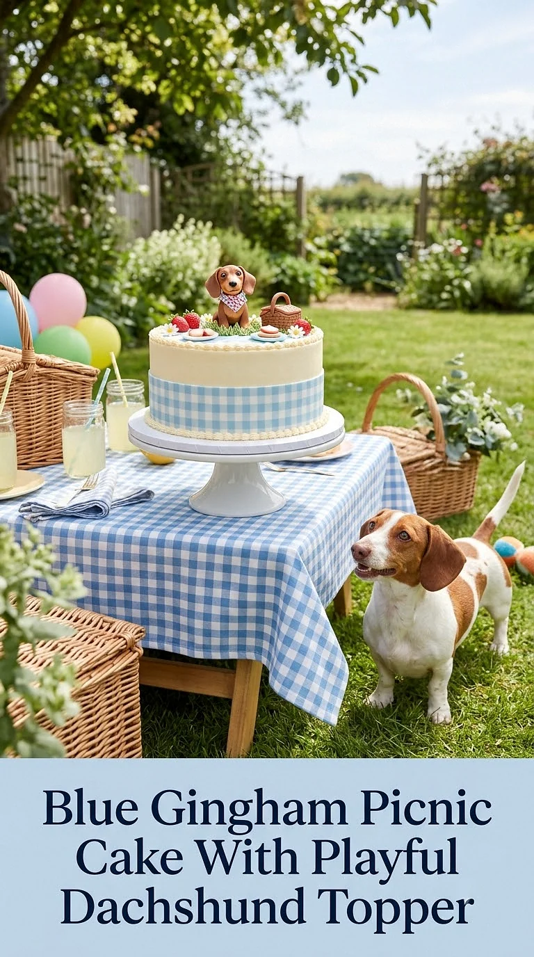 Blue Gingham Picnic Cake With Playful Dachshund Topper