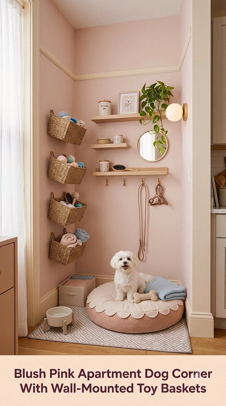10. Blush Pink Apartment Dog Corner With Wall-Mounted Toy Baskets