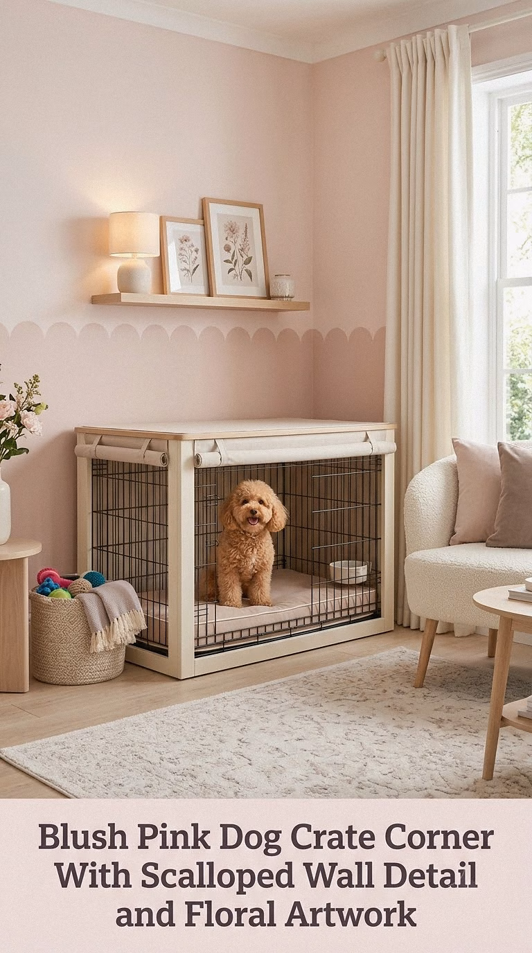 Blush Pink Dog Crate Corner With Scalloped Wall Detail and Floral Artwork