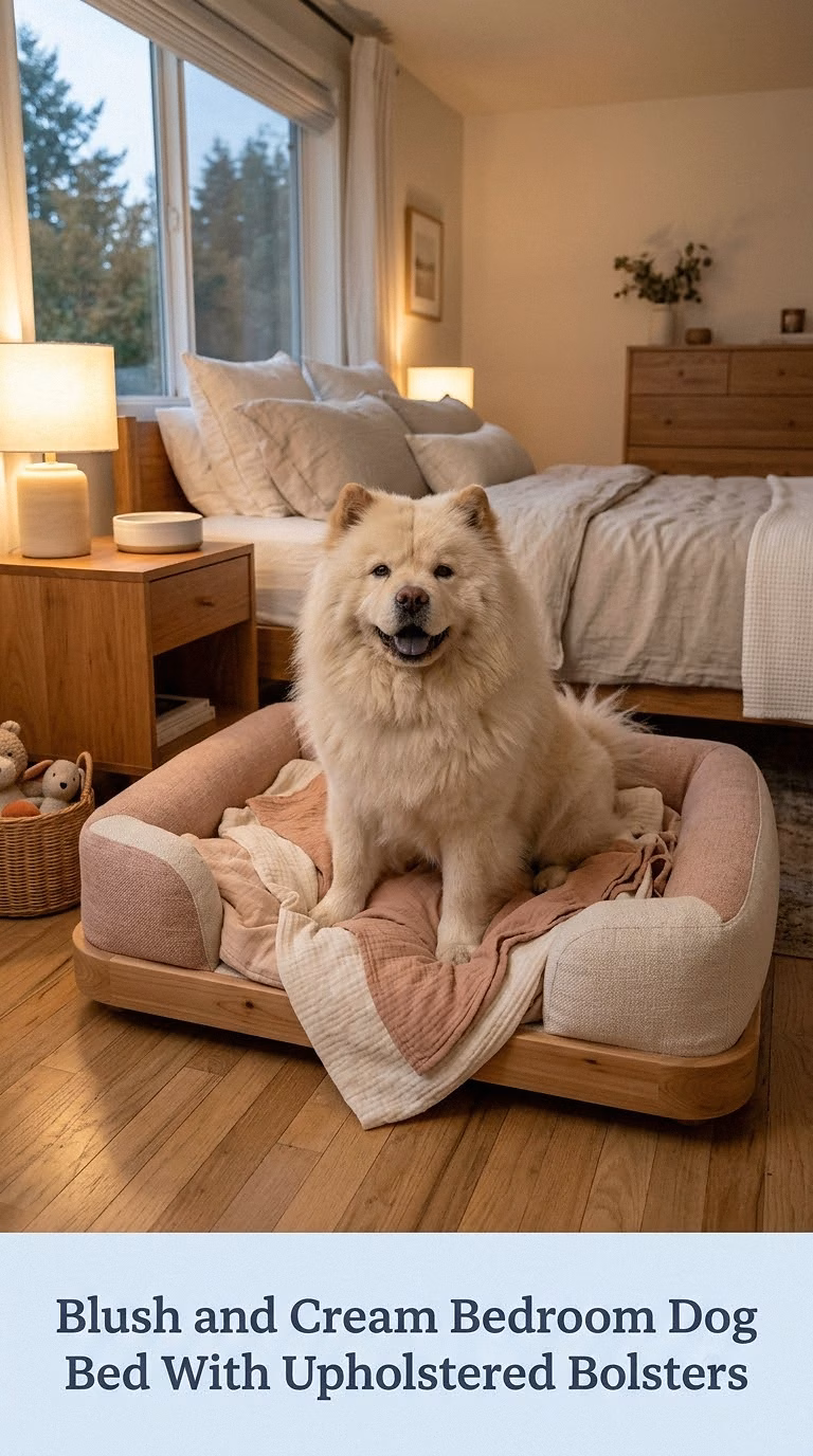 Blush and Cream Bedroom Dog Bed With Upholstered Bolsters