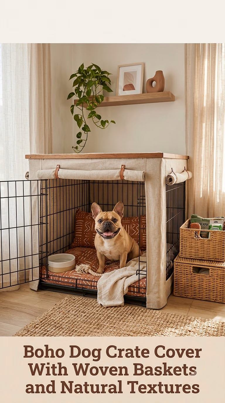Boho Dog Crate Cover With Woven Baskets and Natural Textures