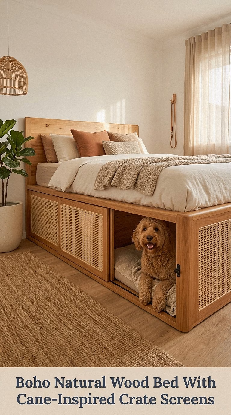 Boho Natural Wood Bed With Cane-Inspired Crate Screens