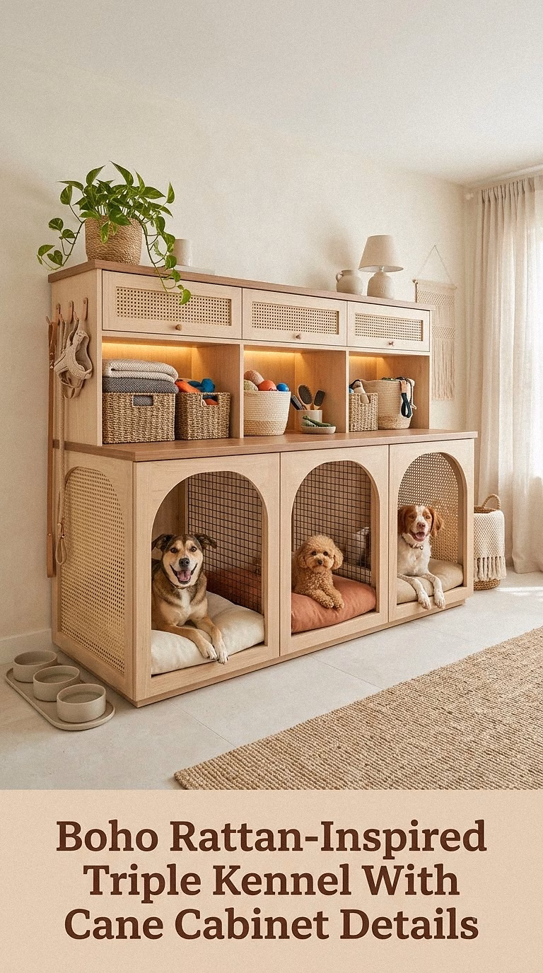 Boho Rattan-Inspired Triple Kennel With Cane Cabinet Details