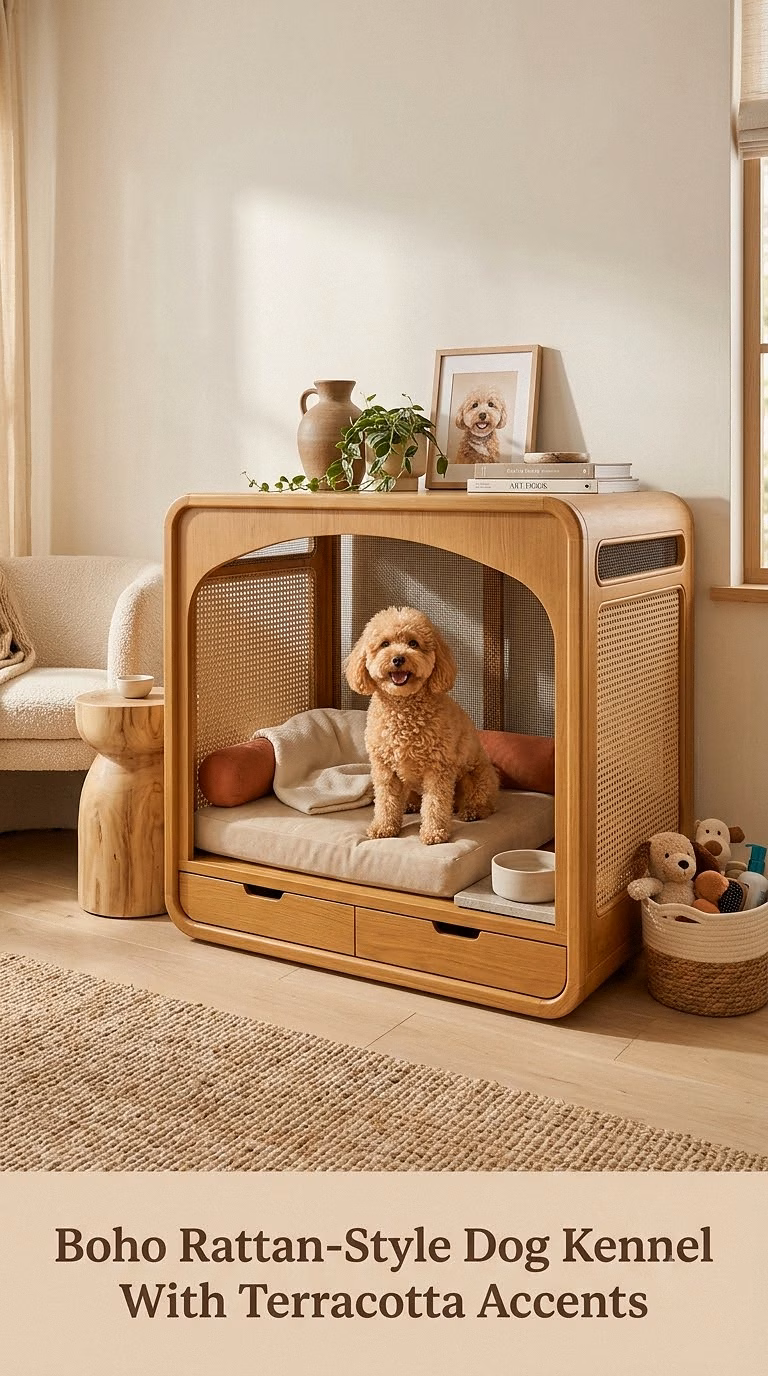 Boho Rattan-Style Dog Kennel With Terracotta Accents
