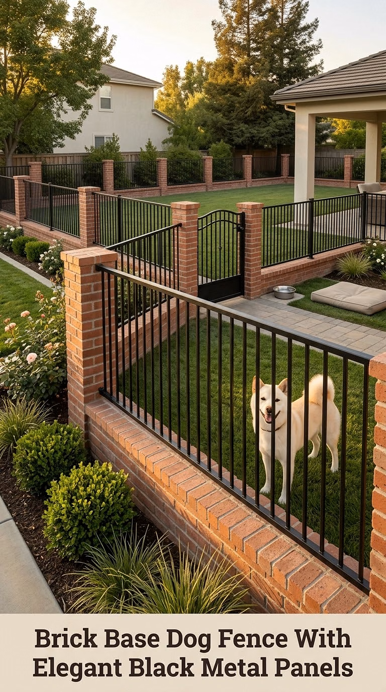 Brick Base Dog Fence With Elegant Black Metal Panels
