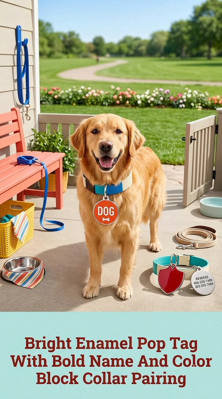 Bright Enamel Pop Tag With Bold Name And Color Block Collar Pairing