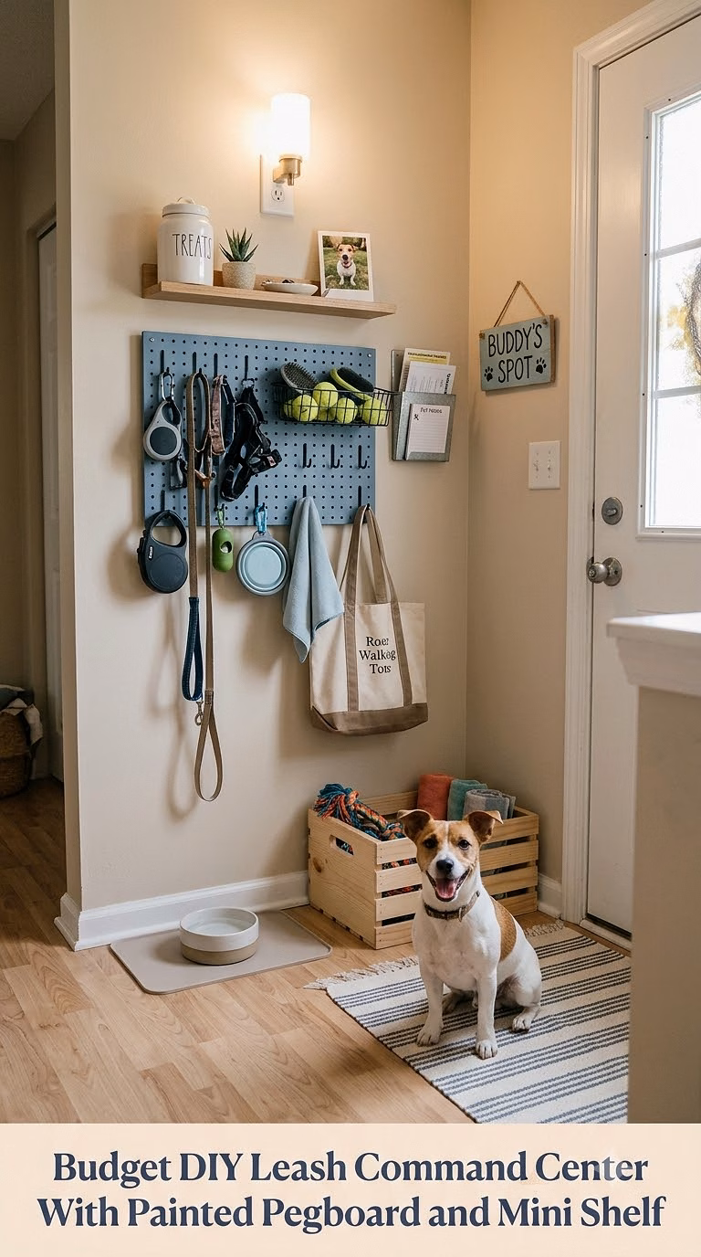 10. Budget DIY Leash Command Center With Painted Pegboard and Mini Shelf