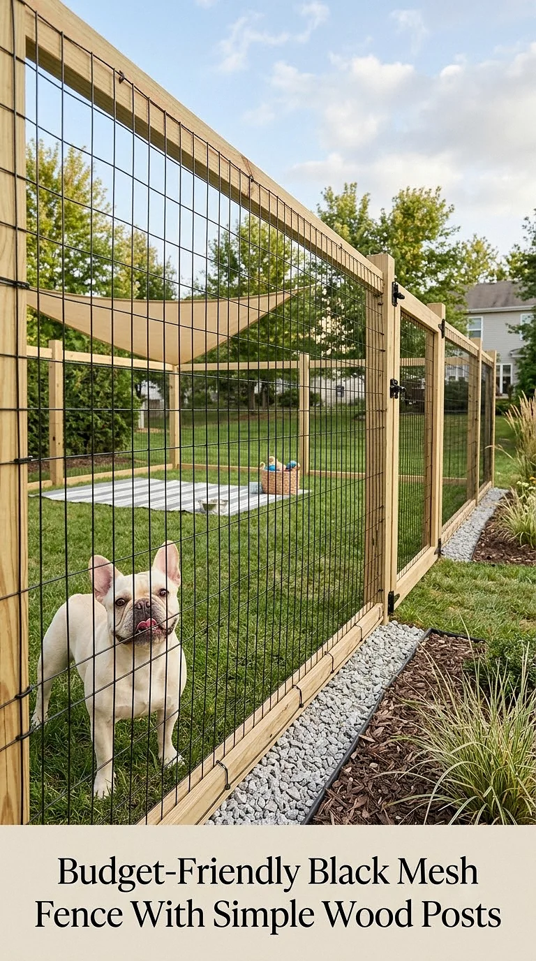 Budget-Friendly Black Mesh Fence With Simple Wood Posts