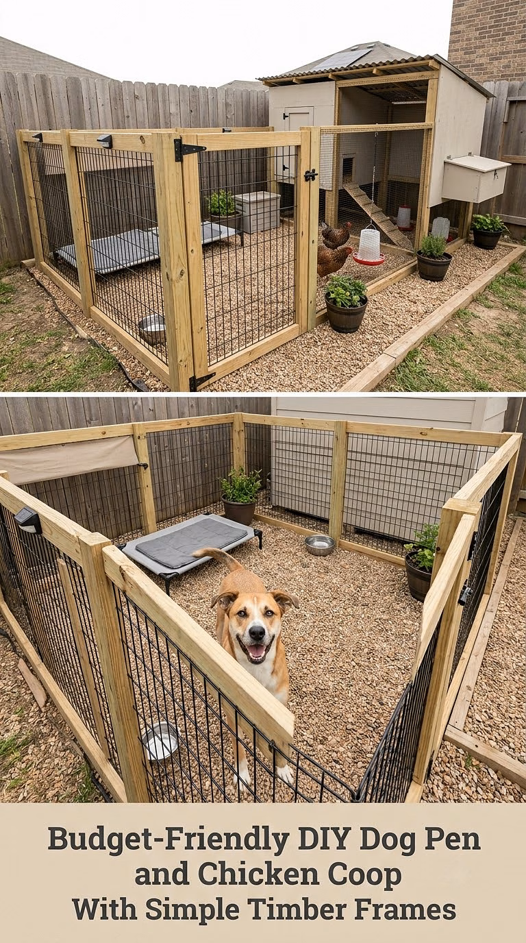Budget-Friendly DIY Dog Pen and Chicken Coop With Simple Timber Frames