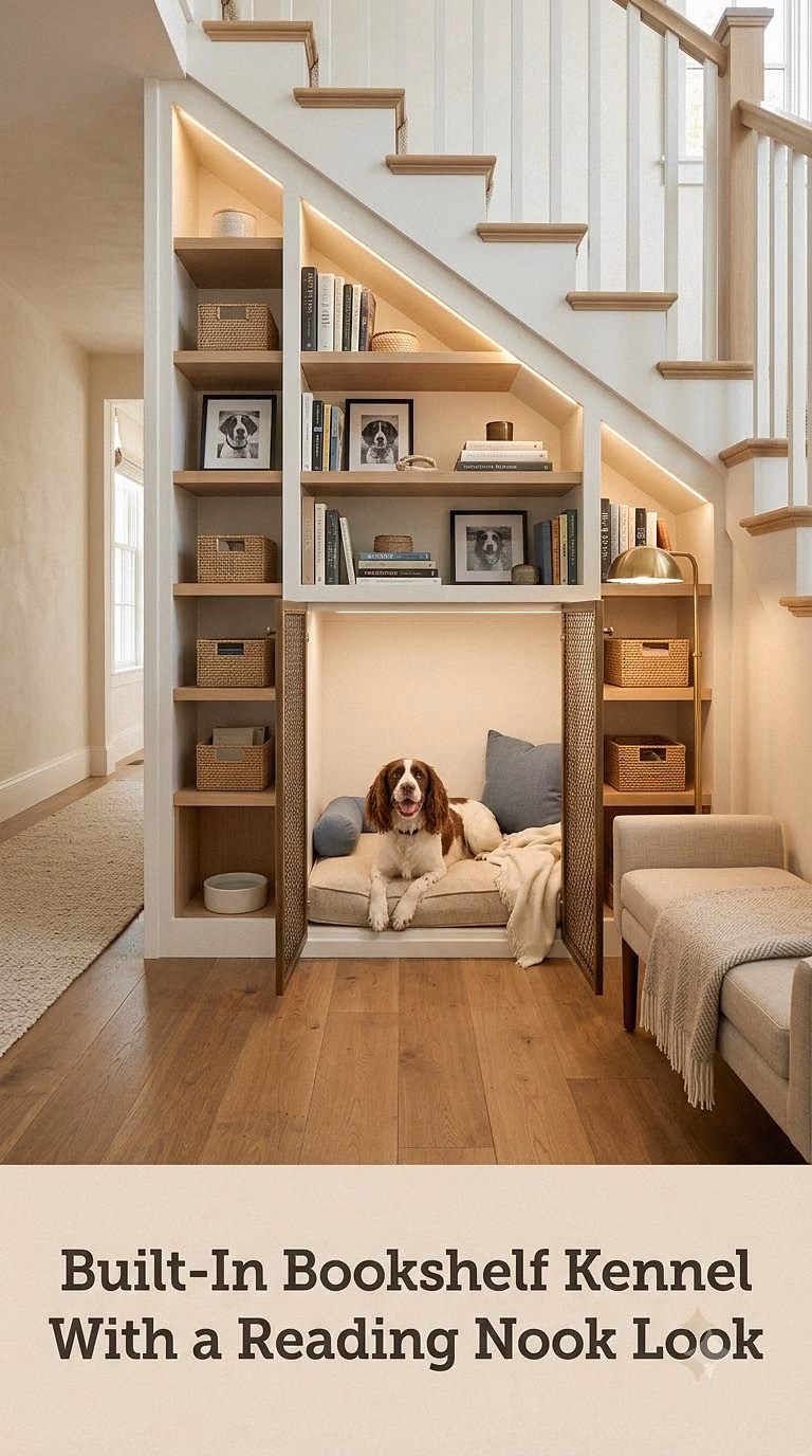 Built-In Bookshelf Kennel With a Reading Nook Look