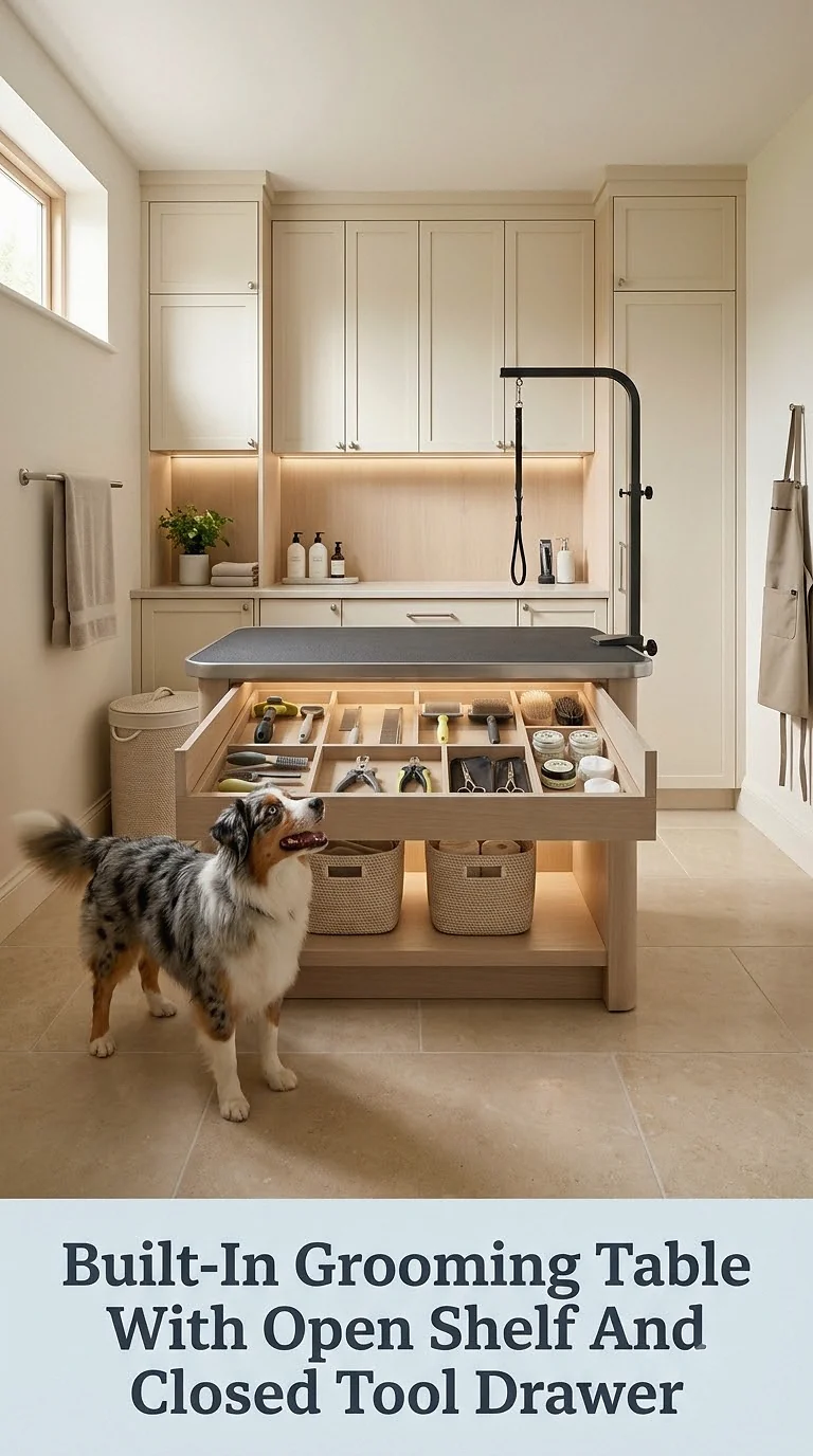 Built-In Grooming Table With Open Shelf And Closed Tool Drawer