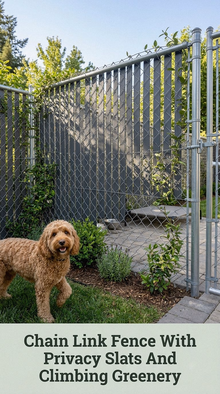 Chain Link Fence With Privacy Slats And Climbing Greenery
