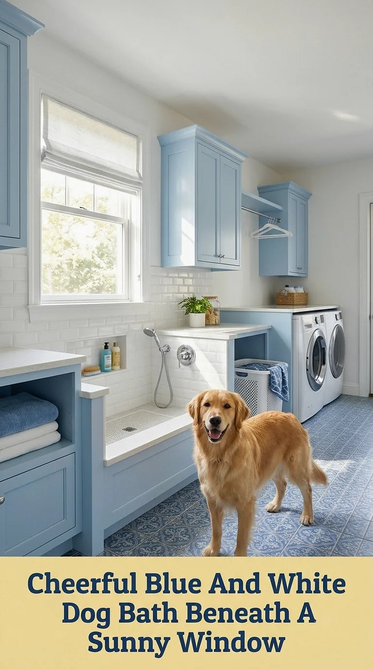 Cheerful Blue And White Dog Bath Beneath A Sunny Window