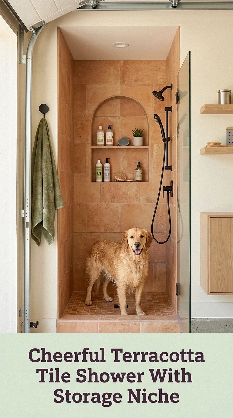Cheerful Terracotta Tile Shower With Arched Storage Niche
