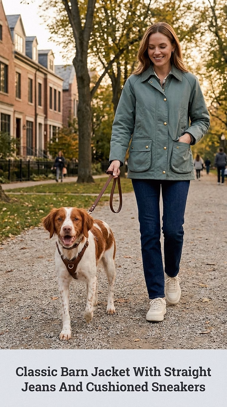 Classic Barn Jacket With Straight Jeans And Cushioned Sneakers