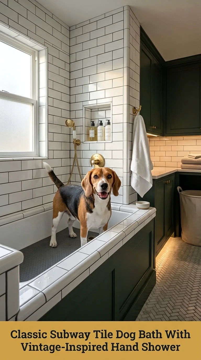 Classic Subway Tile Dog Bath With Vintage-Inspired Hand Shower