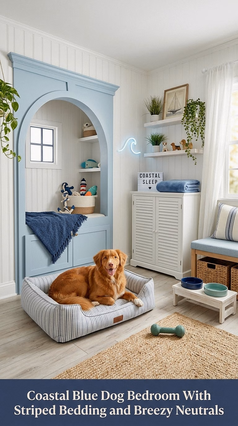 10. Coastal Blue Dog Bedroom With Striped Bedding and Breezy Neutrals