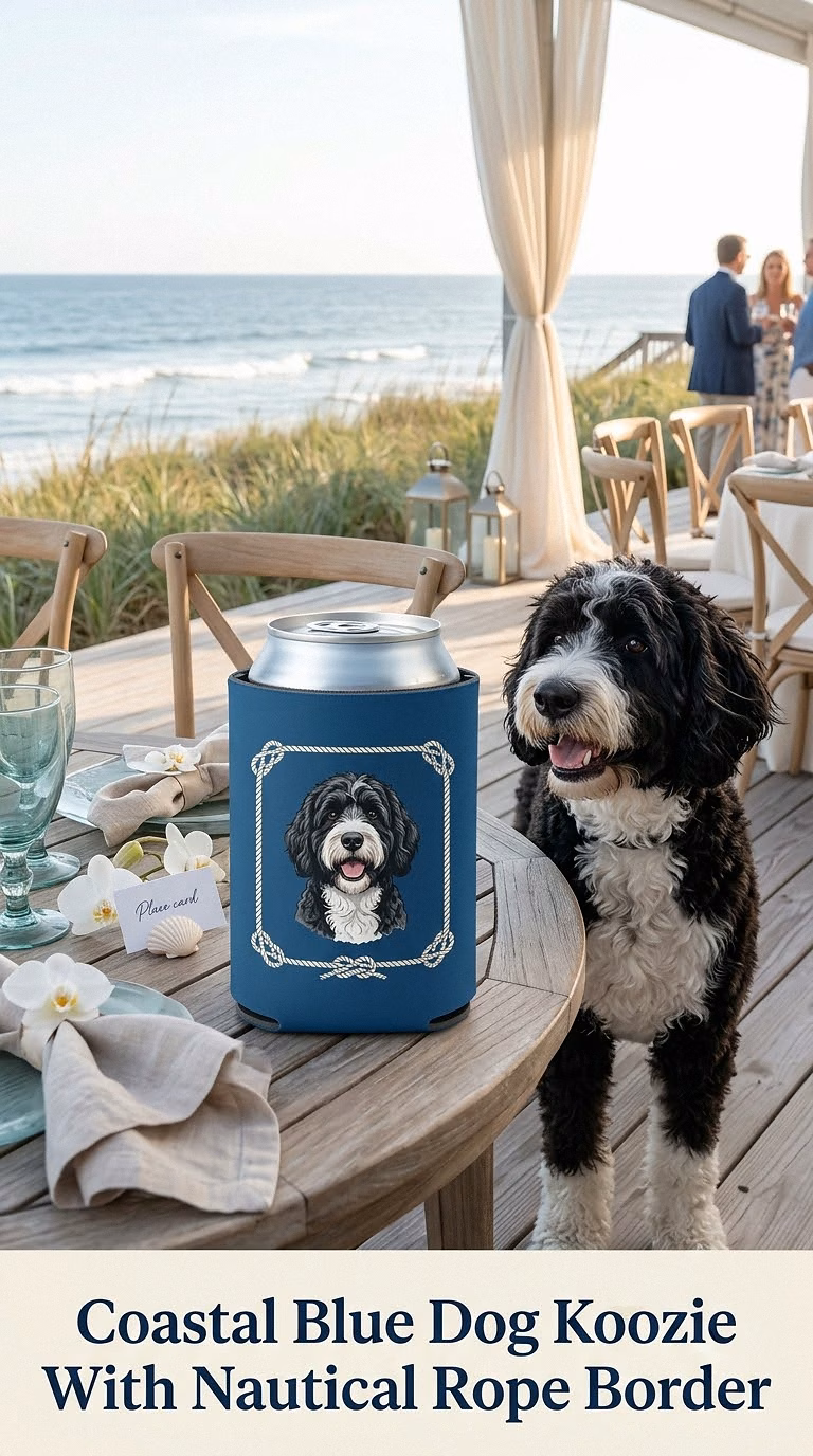 Coastal Blue Dog Koozie With Nautical Rope Border