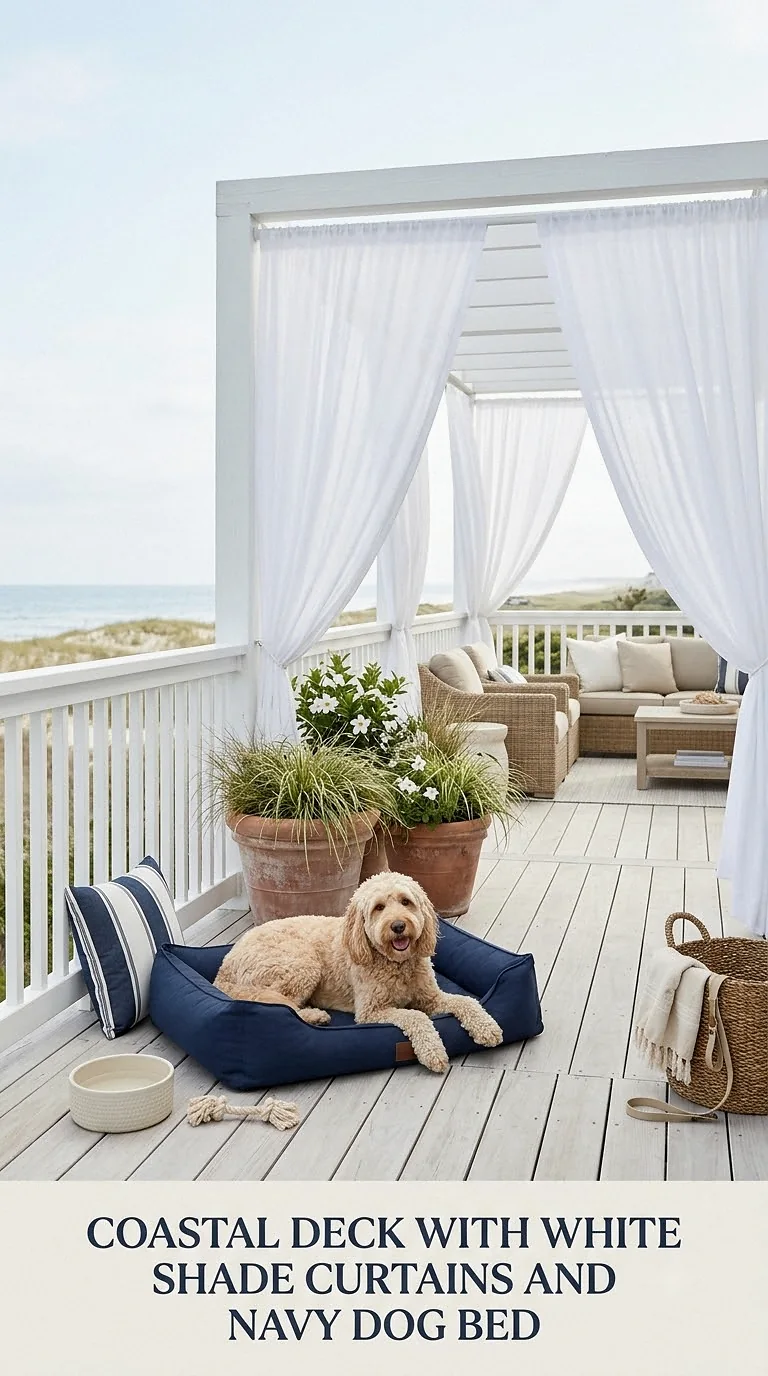 Coastal Deck With White Shade Curtains And Navy Dog Bed