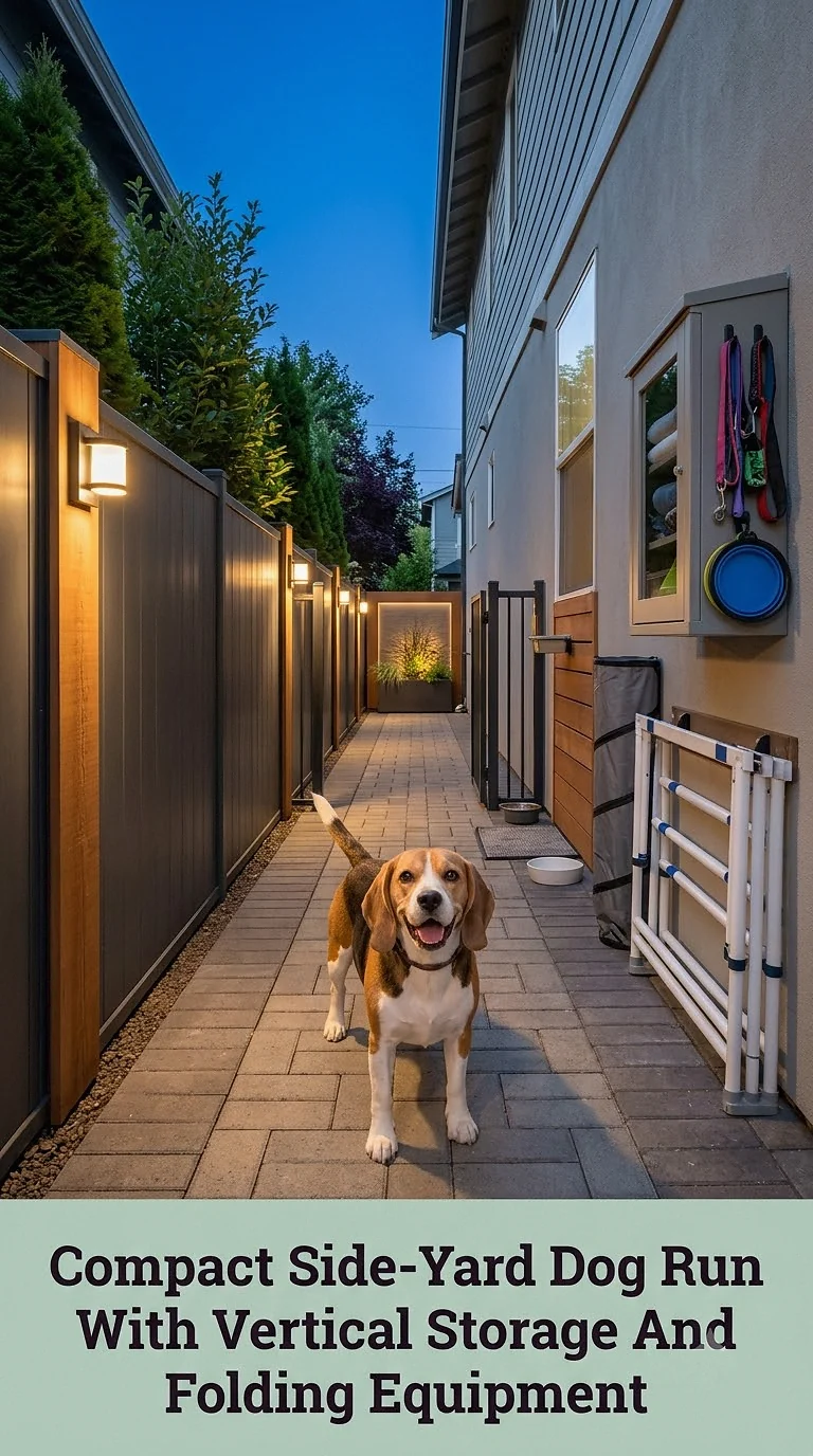 Compact Side-Yard Dog Run With Vertical Storage And Folding Equipment
