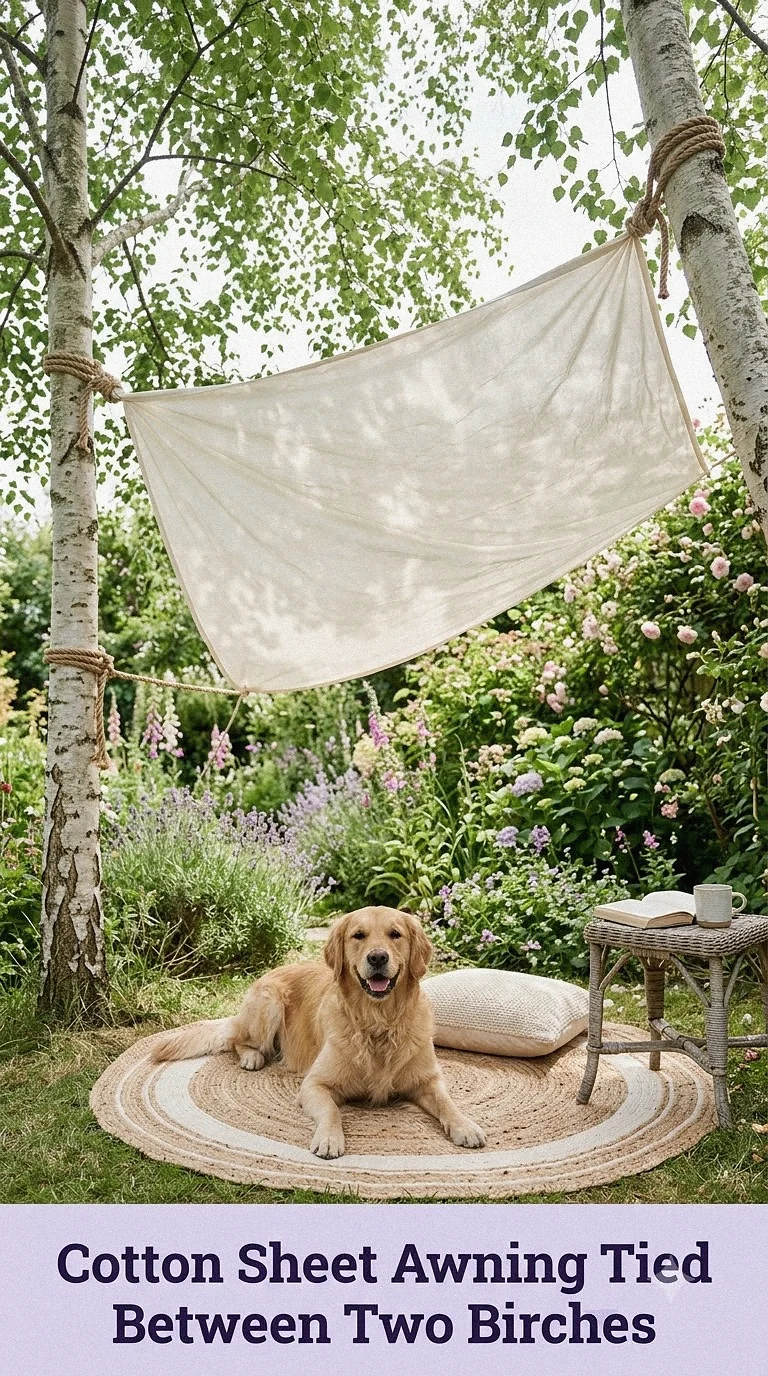 Cotton Sheet Awning Tied Between Two Birches