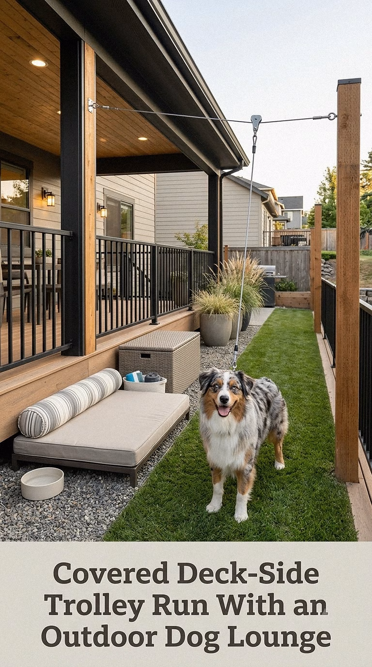 Covered Deck-Side Trolley Run With an Outdoor Dog Lounge