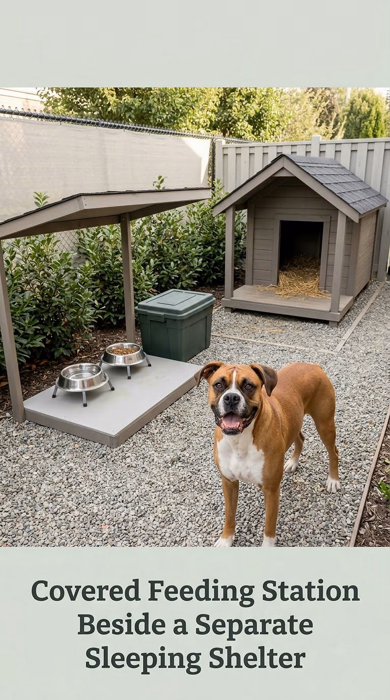 Covered Feeding Station Beside a Separate Sleeping Shelter
