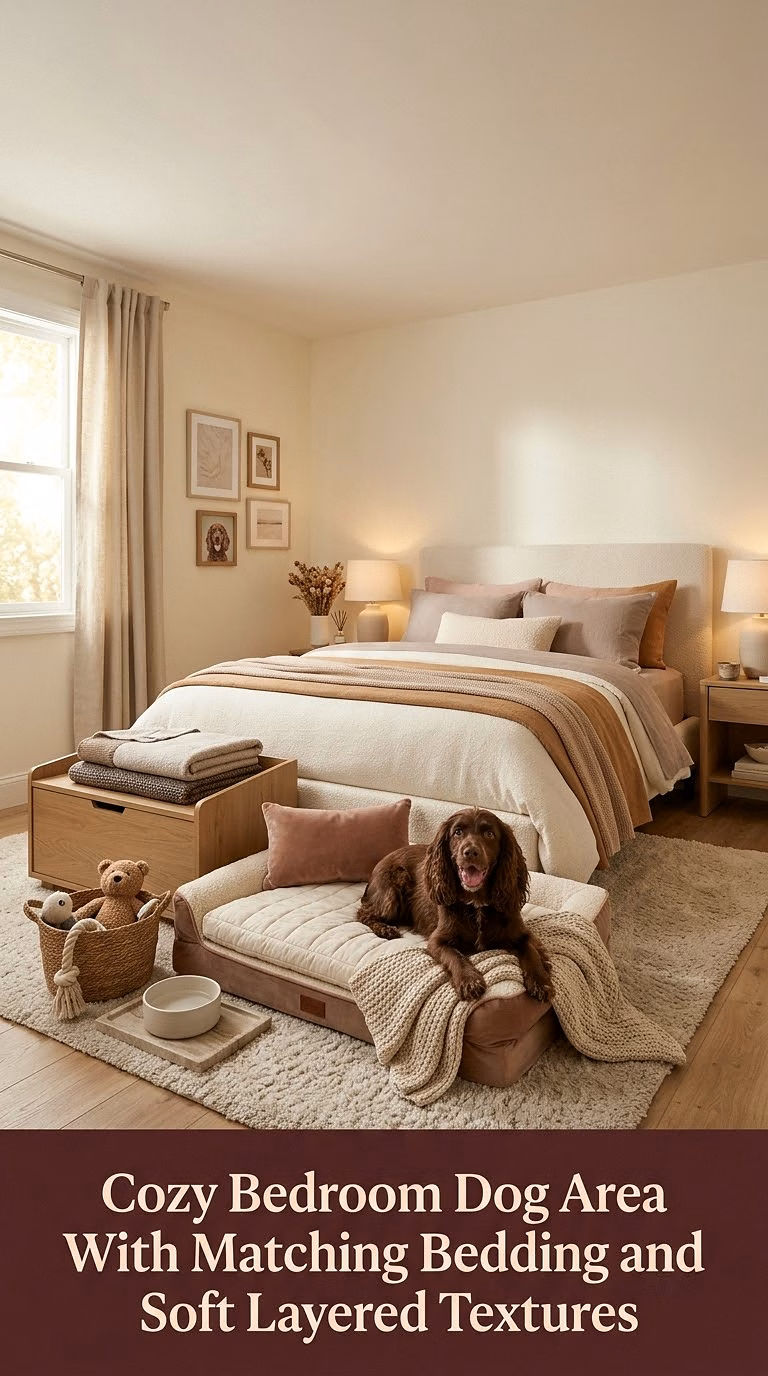 10. Cozy Bedroom Dog Area With Matching Bedding and Soft Layered Textures