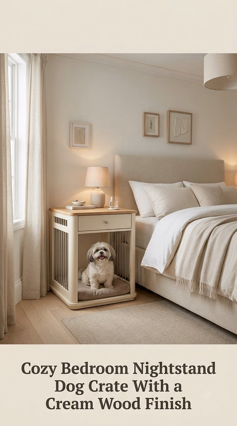 Cozy Bedroom Nightstand Dog Crate With a Cream Wood Finish