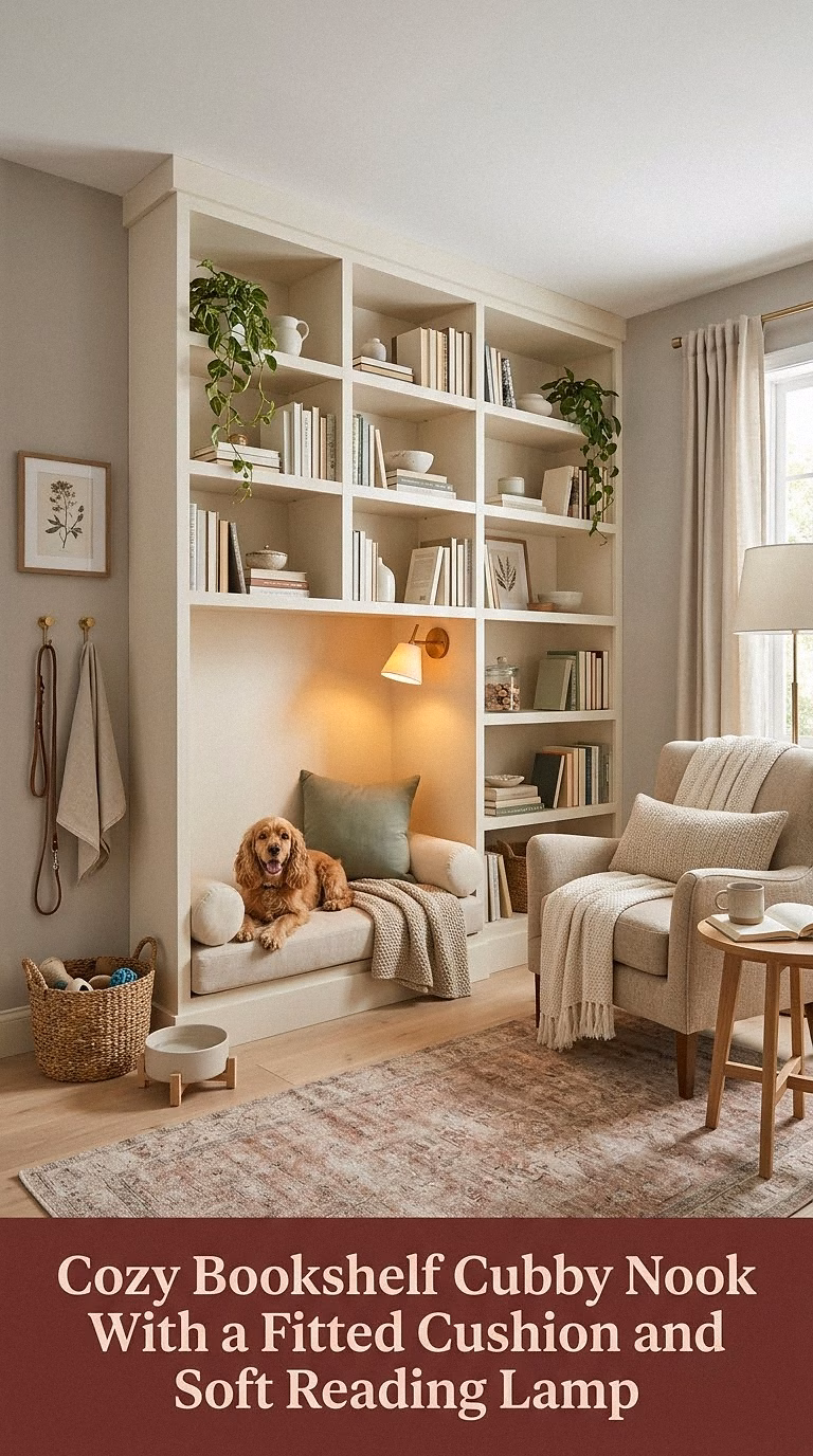 10. Cozy Bookshelf Cubby Nook With a Fitted Cushion and Soft Reading Lamp