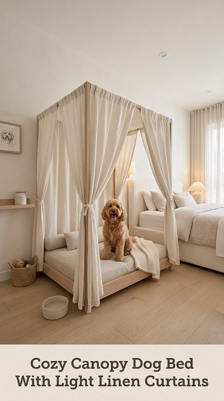 Cozy Canopy Dog Bed With Light Linen Curtains