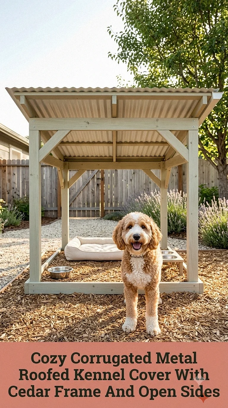 Cozy Corrugated Metal Roofed Kennel Cover With Cedar Frame And Open Sides