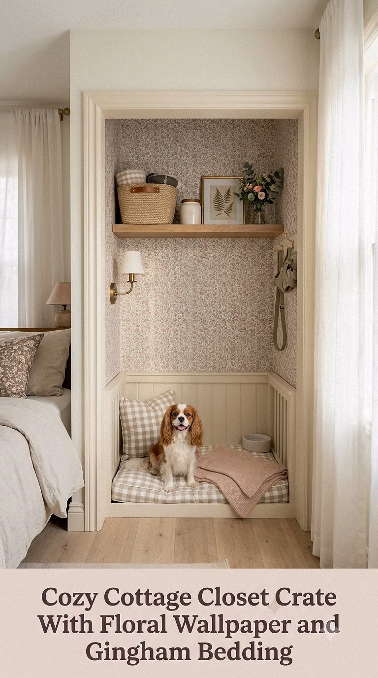 Cozy Cottage Closet Crate With Floral Wallpaper and Gingham Bedding