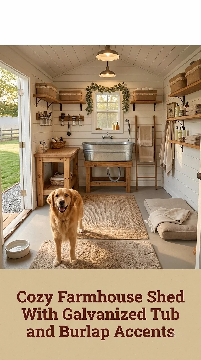 Cozy Farmhouse Shed With Galvanized Tub and Burlap Accents